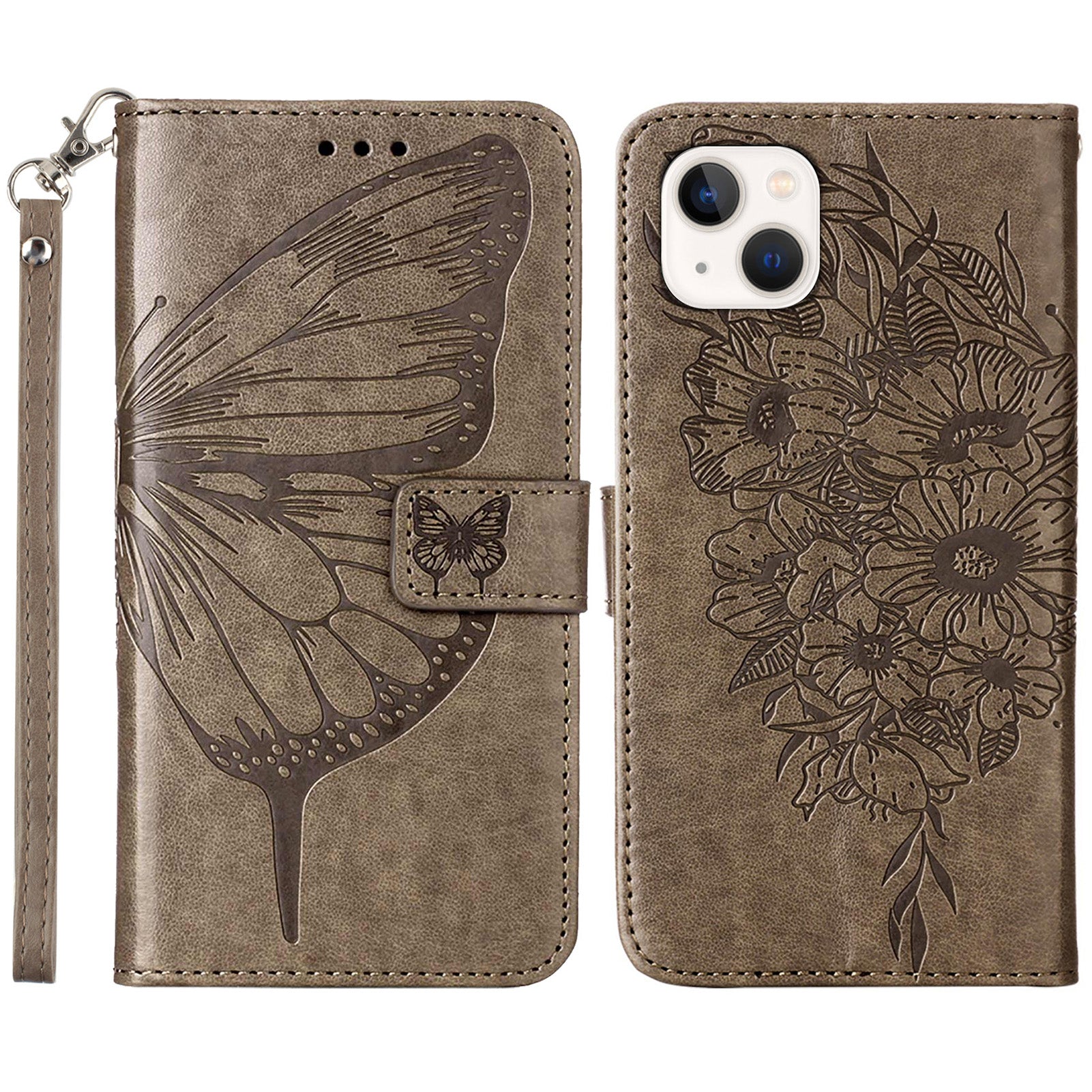 YB Imprinting Series-4 For iPhone 15 Plus Wallet Butterfly Flower Imprinted Cover PU Leather Stand Phone Case with Hand Strap - Grey YB Imprinting Series-4 For iPhone 15 Plus Wallet Butterfly Flower Imprinted Cover PU Leather Stand Phone Case with Hand Strap - Grey